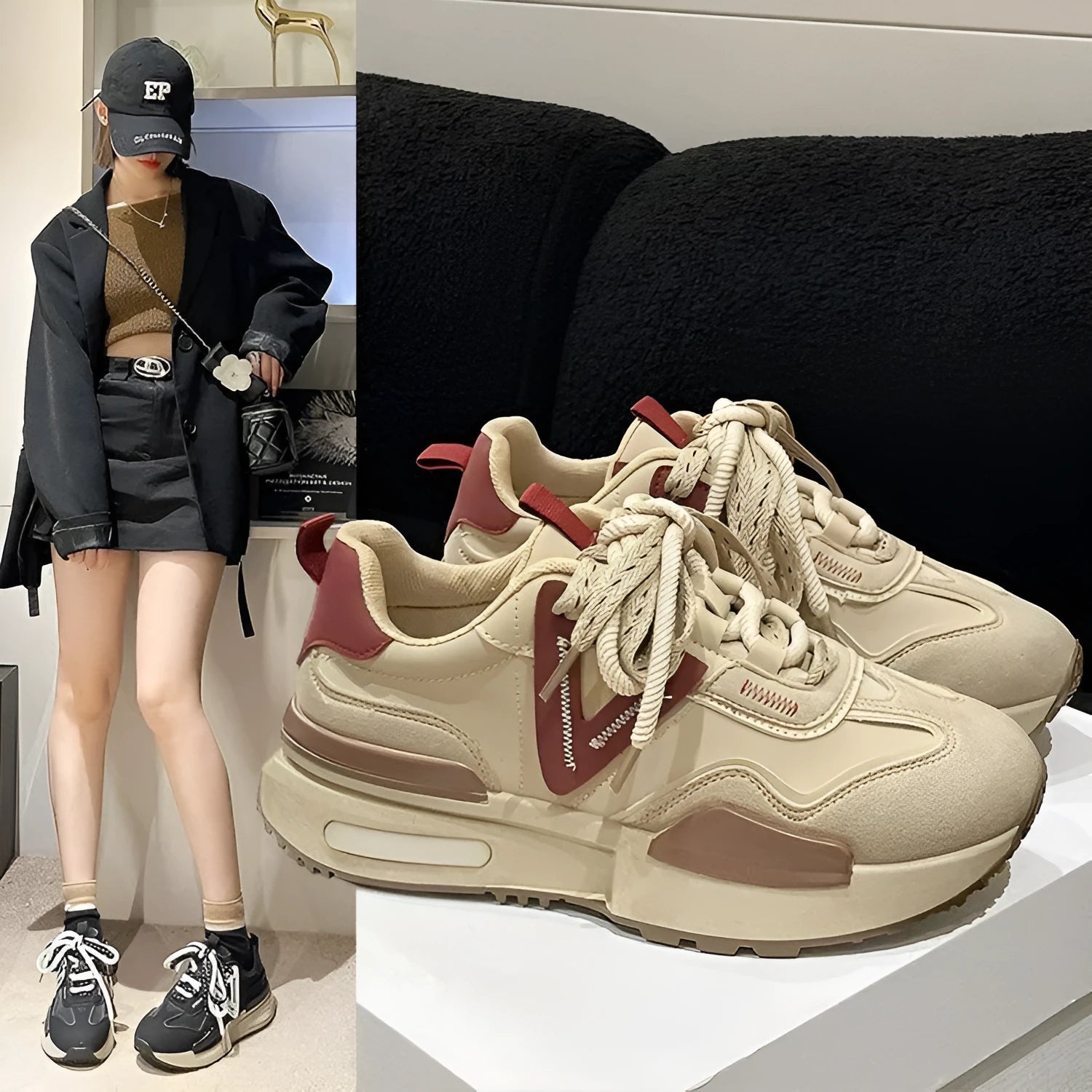 Retro platform sports shoes in black or khaki red with round toe and lace-up front