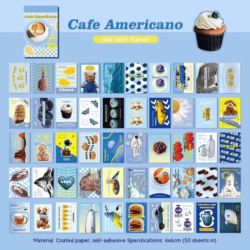 Cartoon sticker book with retro American style showing 4x6cm adhesive stickers in six colour variations