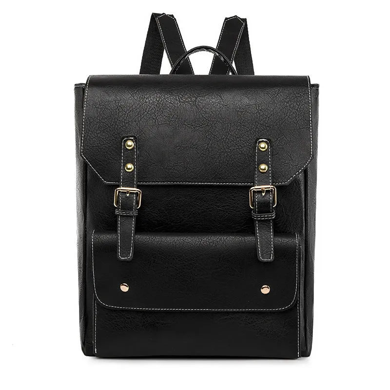 Korean style simple retro backpack in soft PU material shown in black, brown, creamy white, and dark brown colours.