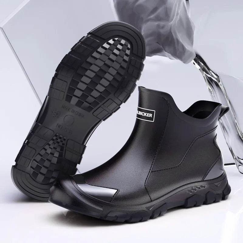 Korean-style PVC short tube rain boots with non-slip plastic soles in black-red colour combination