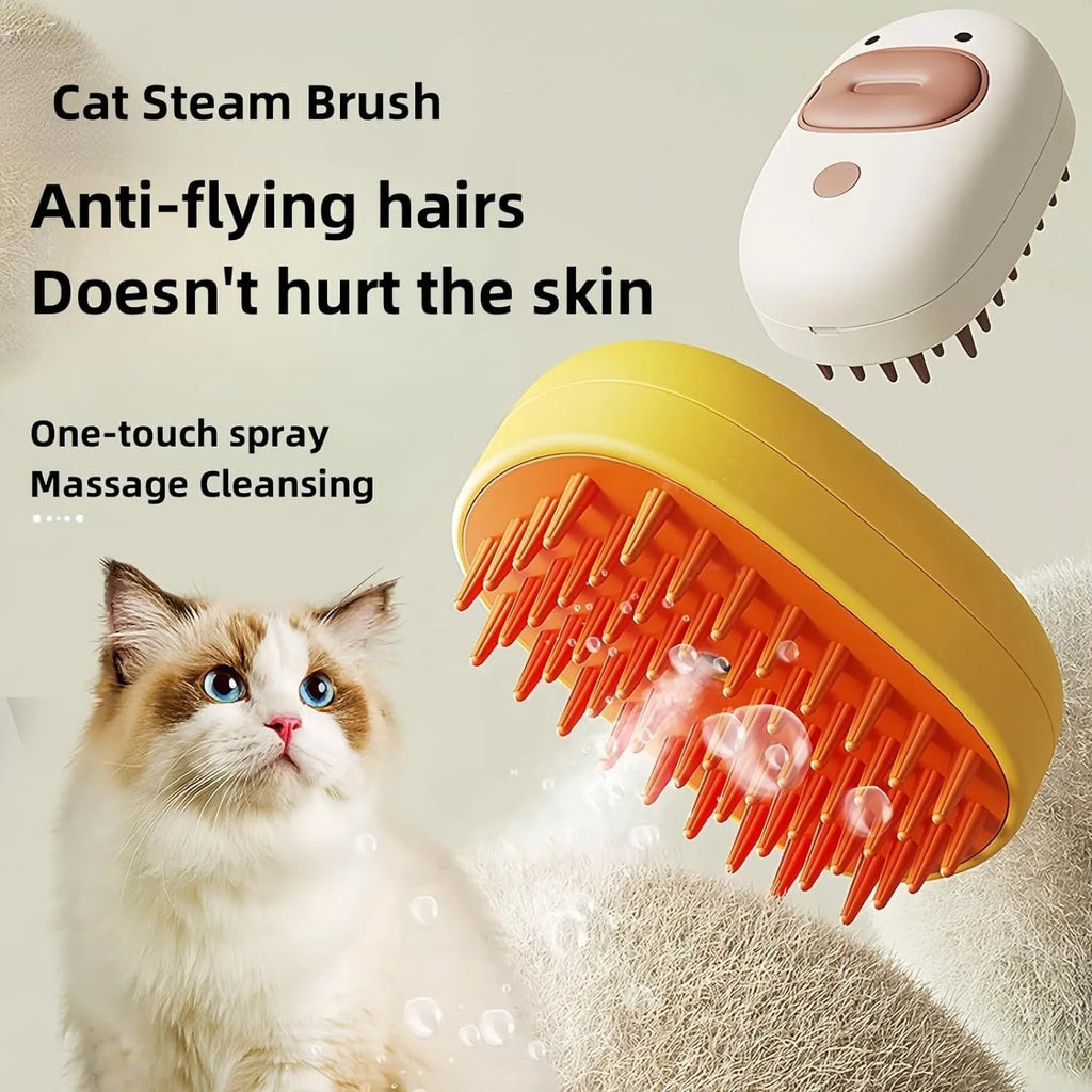 White rechargeable steam pet brush with rubber comb teeth for dog and cat grooming