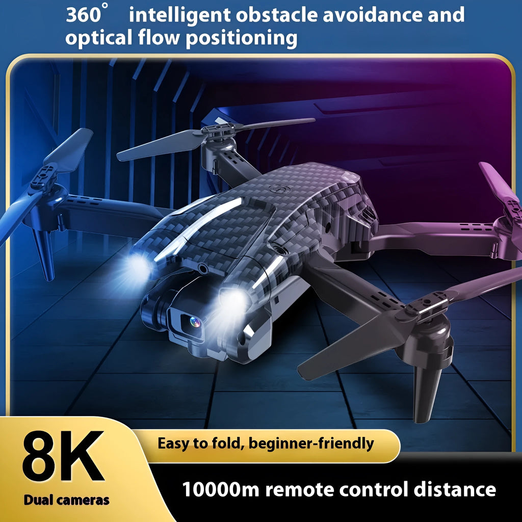 S138 black carbon fibre folding drone with propellers extended, showing dual camera and obstacle avoidance sensors.