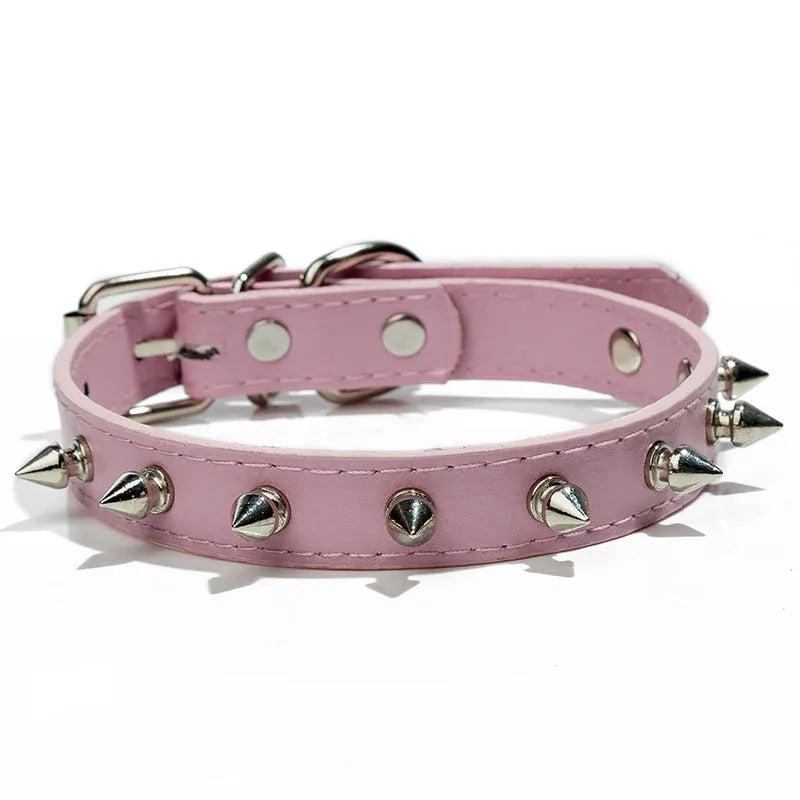 Studded PU leather dog collar in black with metal decorations and an alloy buckle.