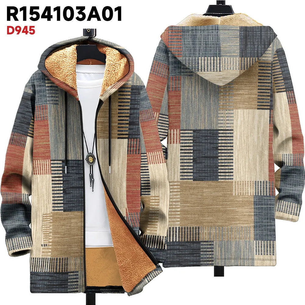Man wearing a loose fit, multicolour print hooded cardigan with a front zipper.