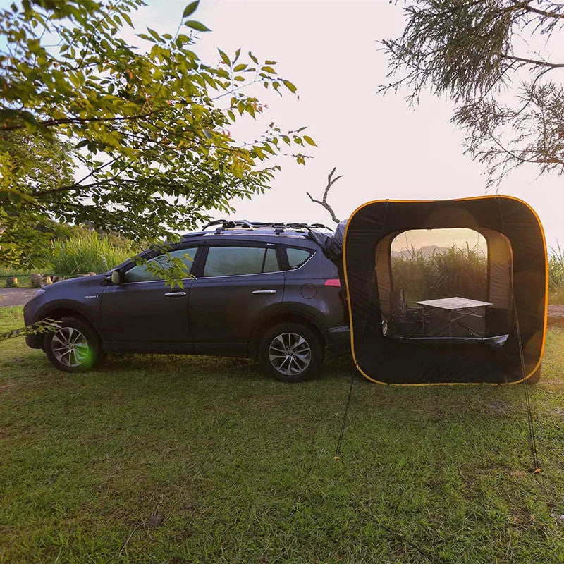 Black pop-up outdoor camping car tail tent with quick throw setup, unfolded to 200x200x200cm