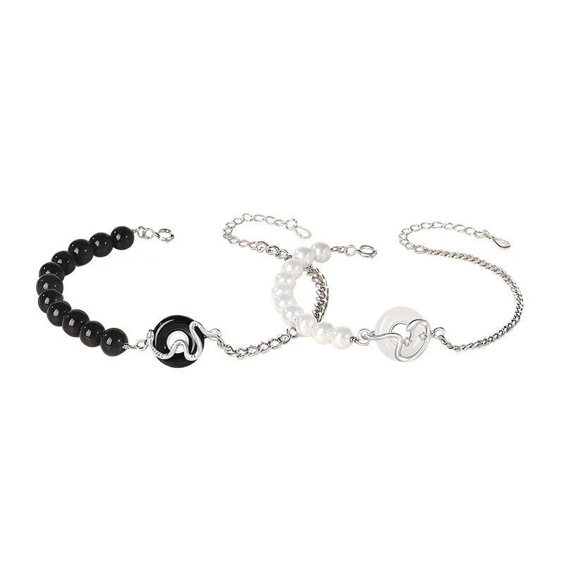 New Chinese style 925 sterling silver couple bracelet with obsidian pearl and snake zodiac design