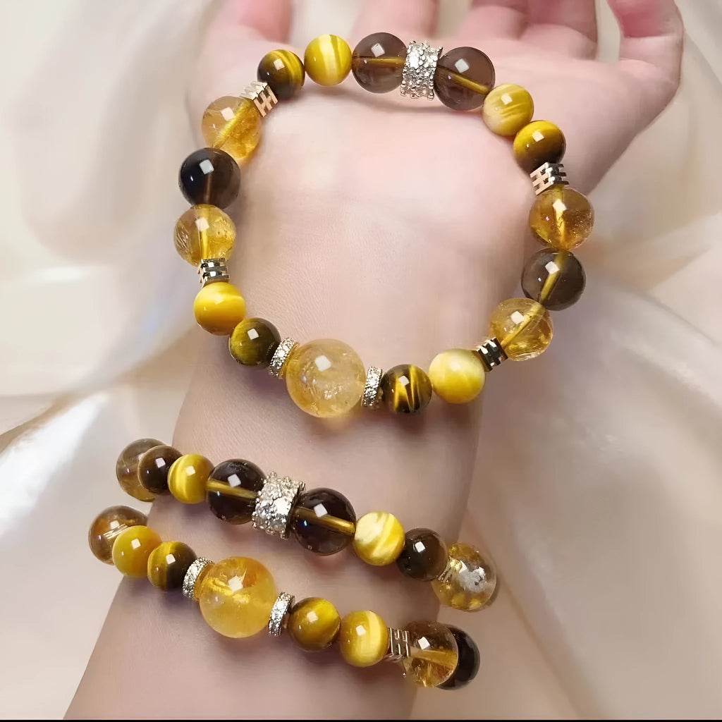 Women's natural yellow tower design crystal string beads bracelet with 10mm Jinba beads