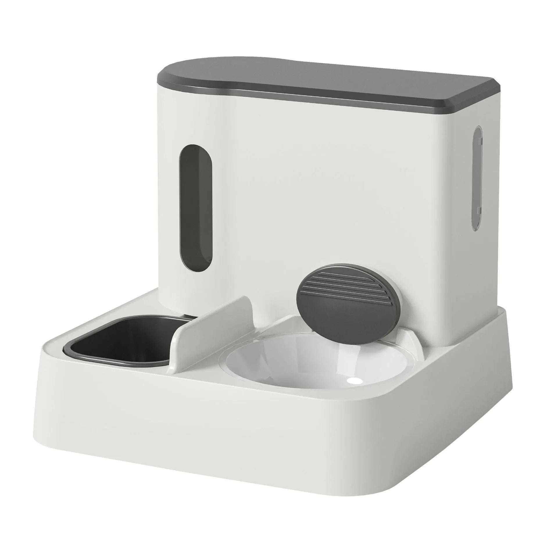 Automatic cat feeder with integrated water dispenser showing grey, green, and yellow colour options