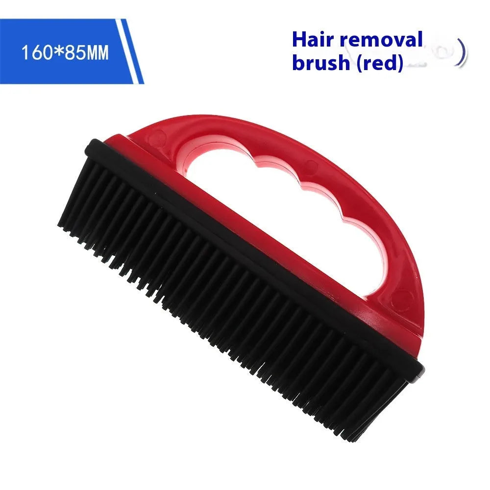 Red silicone pet hair removal brush with massage bristles for grooming and carpet cleaning