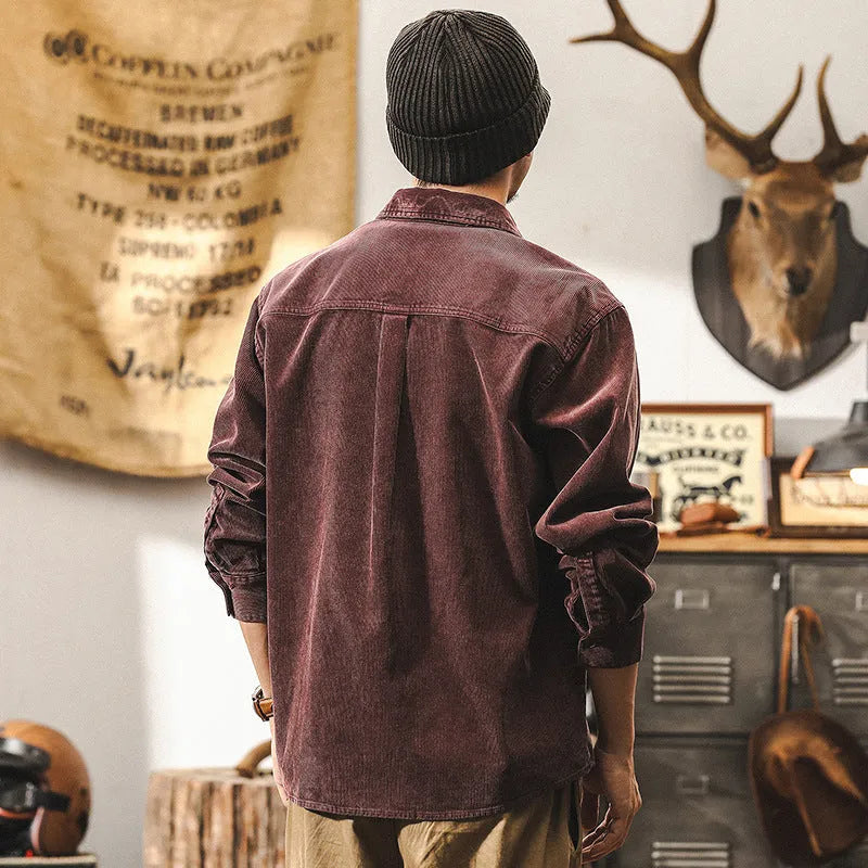 Men's retro corduroy long-sleeved shirt jacket in red or black, loose fit.