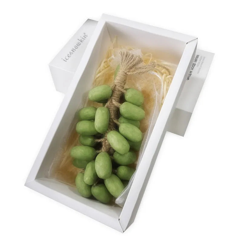 Grape handmade soap bars in black, green, purple and litchi variants showing mesh bag, gift box and long case packaging.