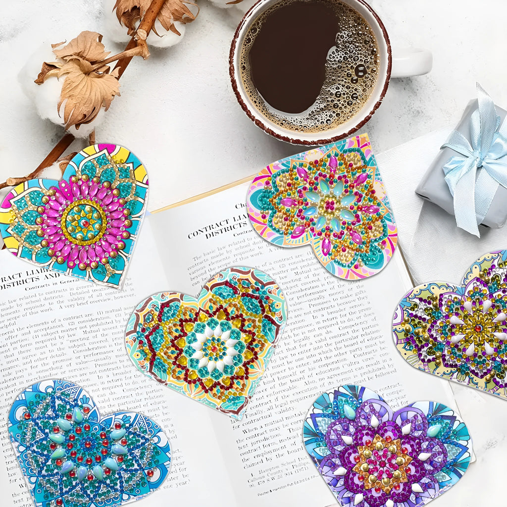 Set of six handmade PU leather bookmarks with crystal flowers and cornerite design