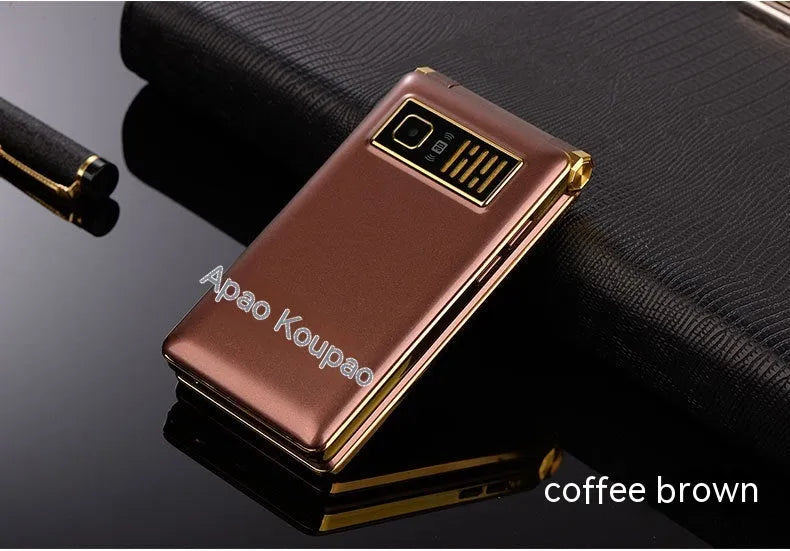 Dual screen flip A15 mobile phone in black, brown, or gold with touch screen and external display