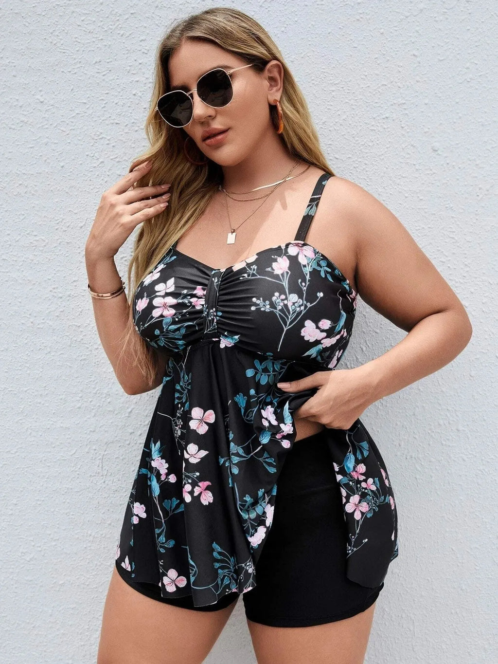 Women's plus size floral print one-piece swimsuit in extended sizes with high elasticity fabric