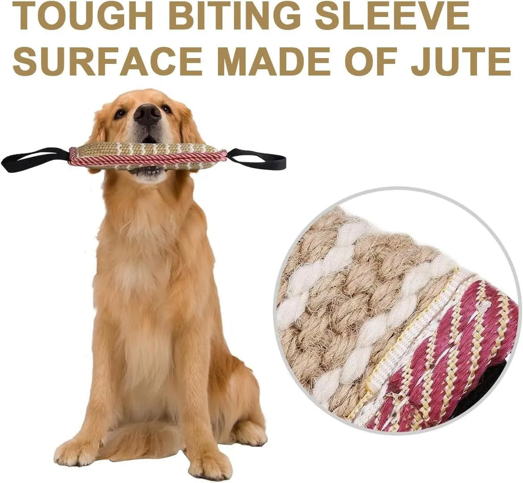Beige jute dog tug toy with two fabric handles for interactive training exercises