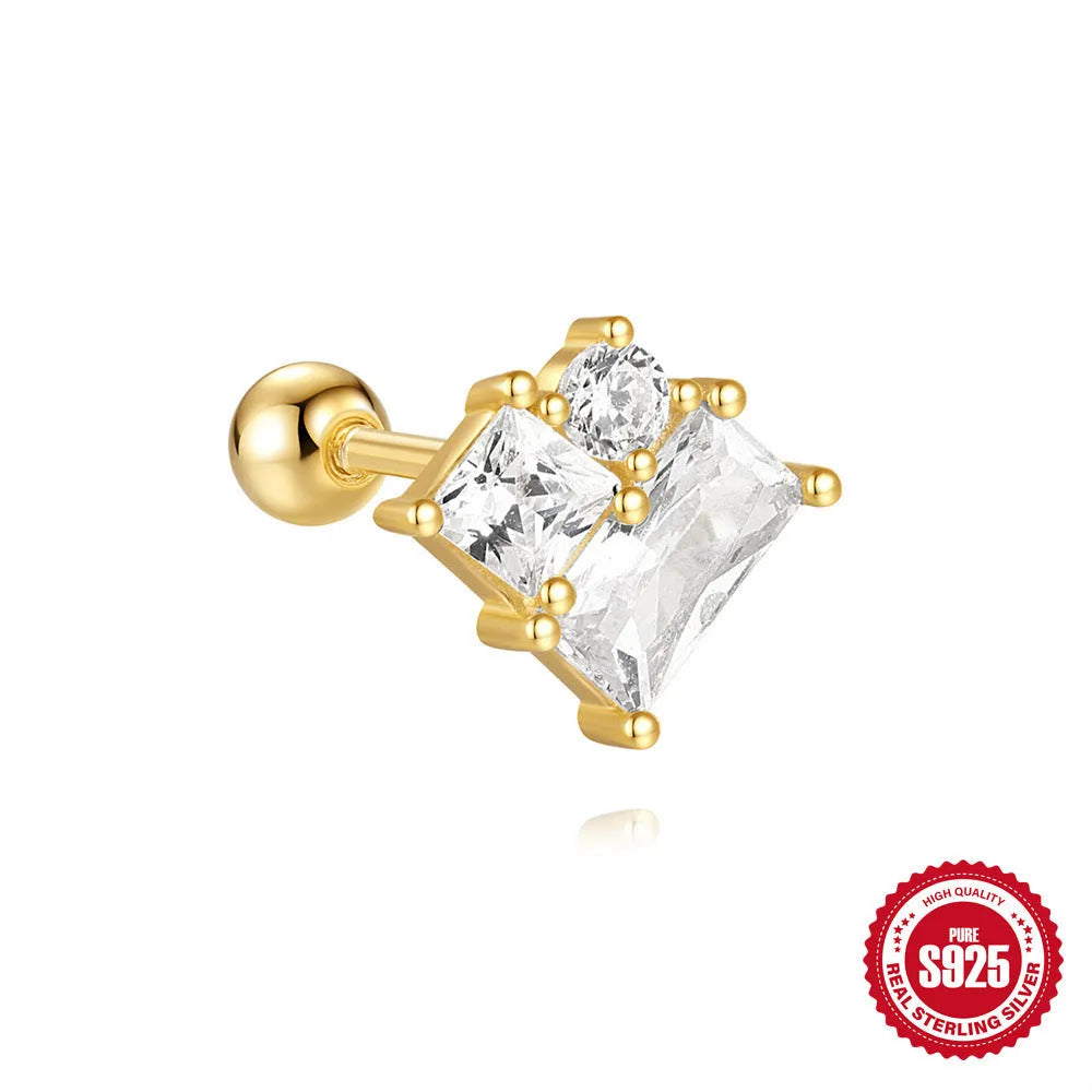S925 sterling silver red flower stud earrings with square gravel texture in a gold colour.