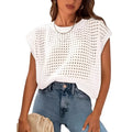 White women's loose fit crochet sweater with cover sleeve design and round neck