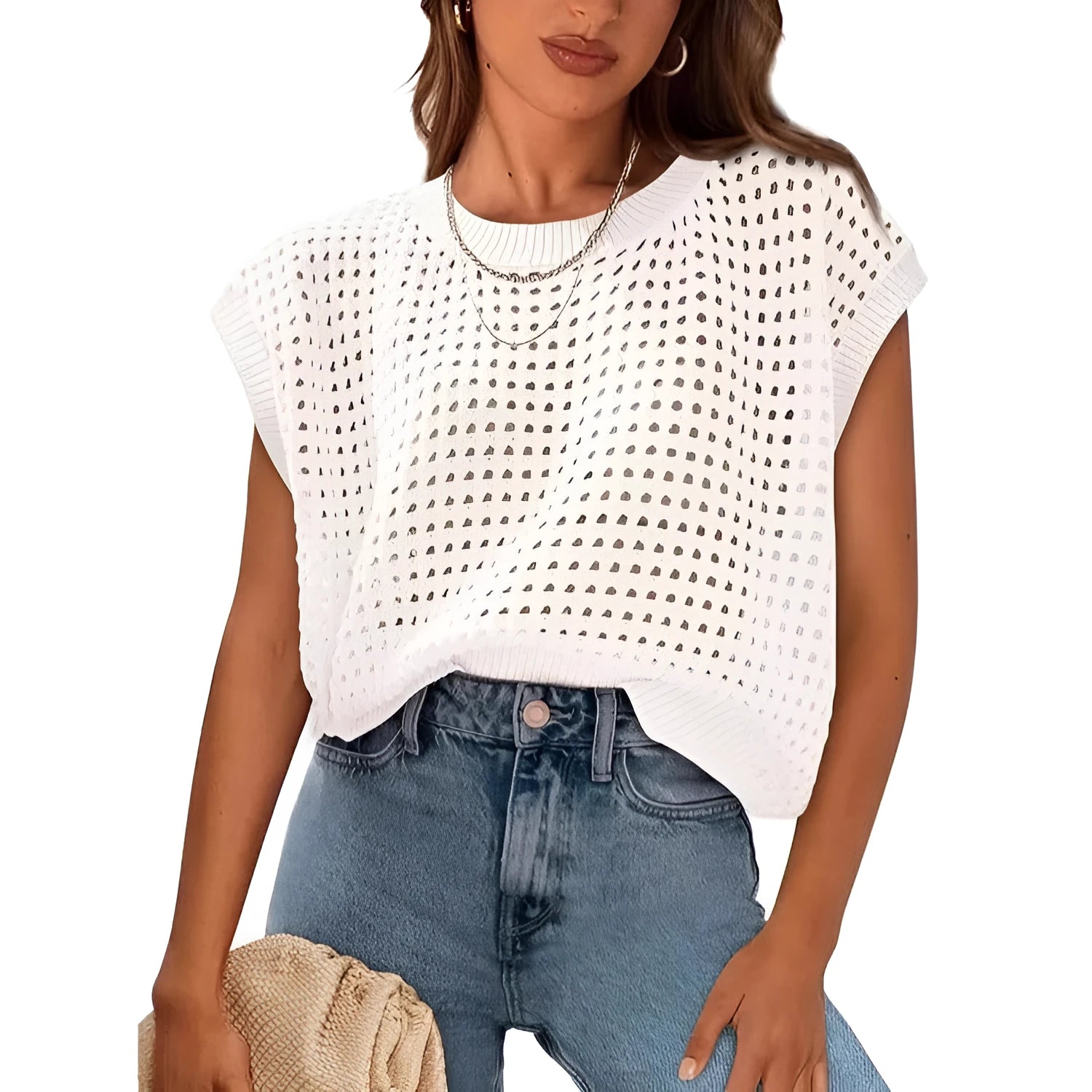 White women's loose fit crochet sweater with cover sleeve design and round neck