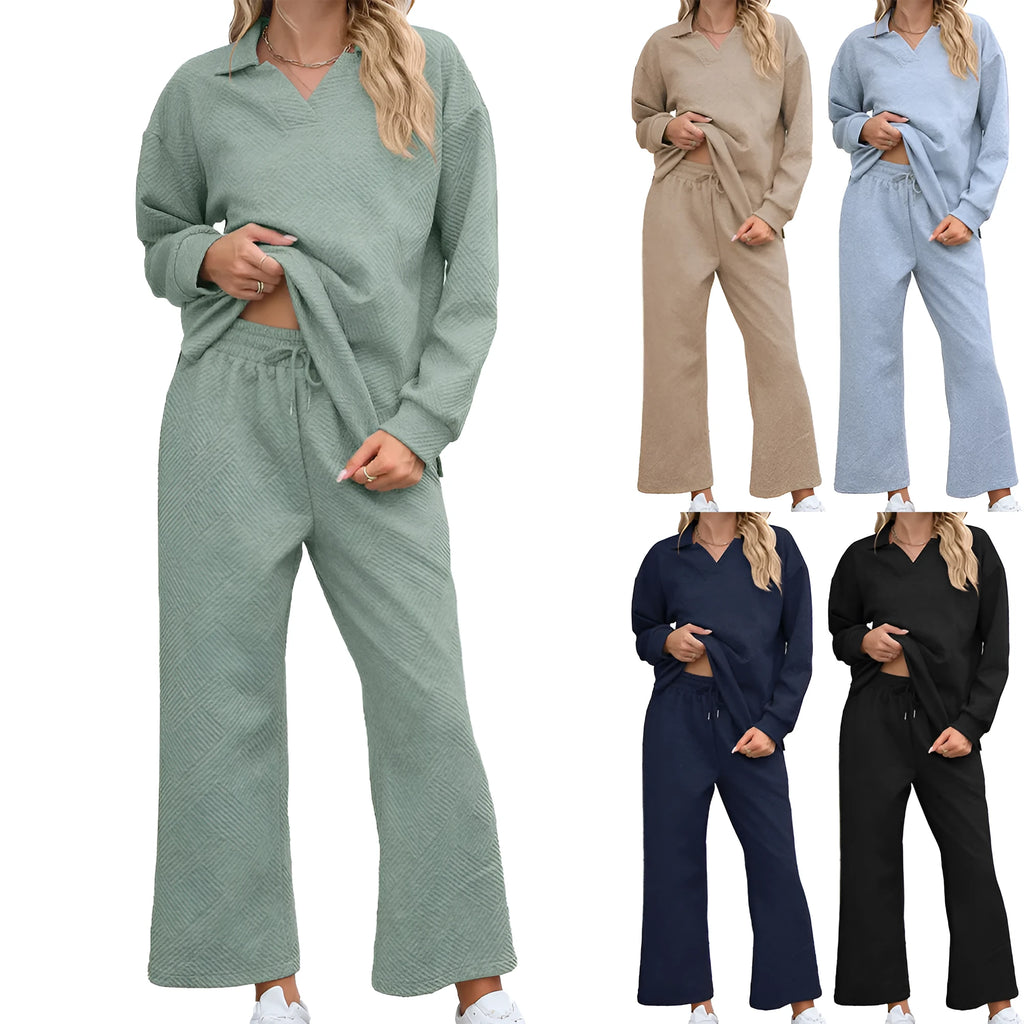 Women's black geometric pattern knitted jacquard suit with V-neck sweater and elastic waist cropped trousers