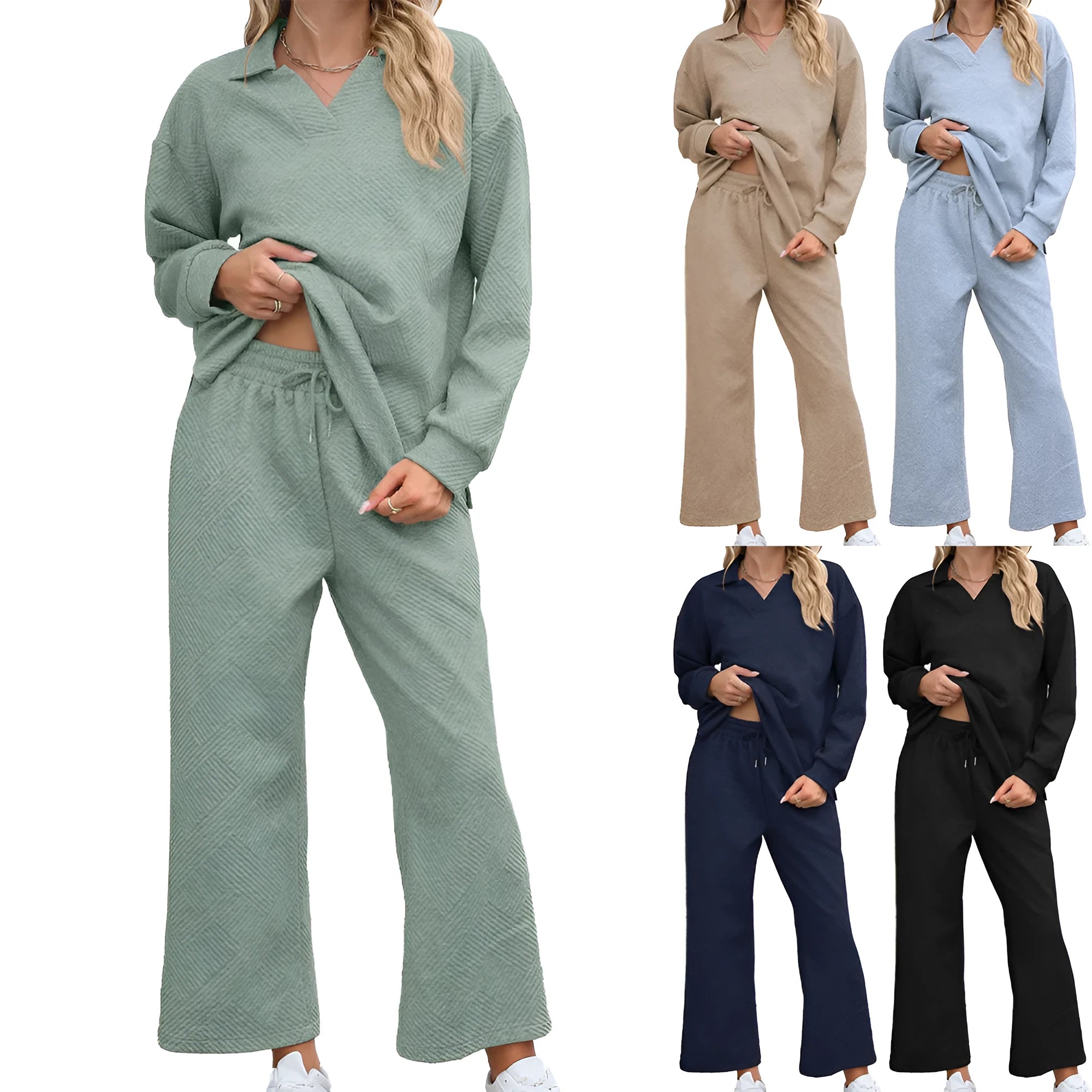 Women's black geometric pattern knitted jacquard suit with V-neck sweater and elastic waist cropped trousers
