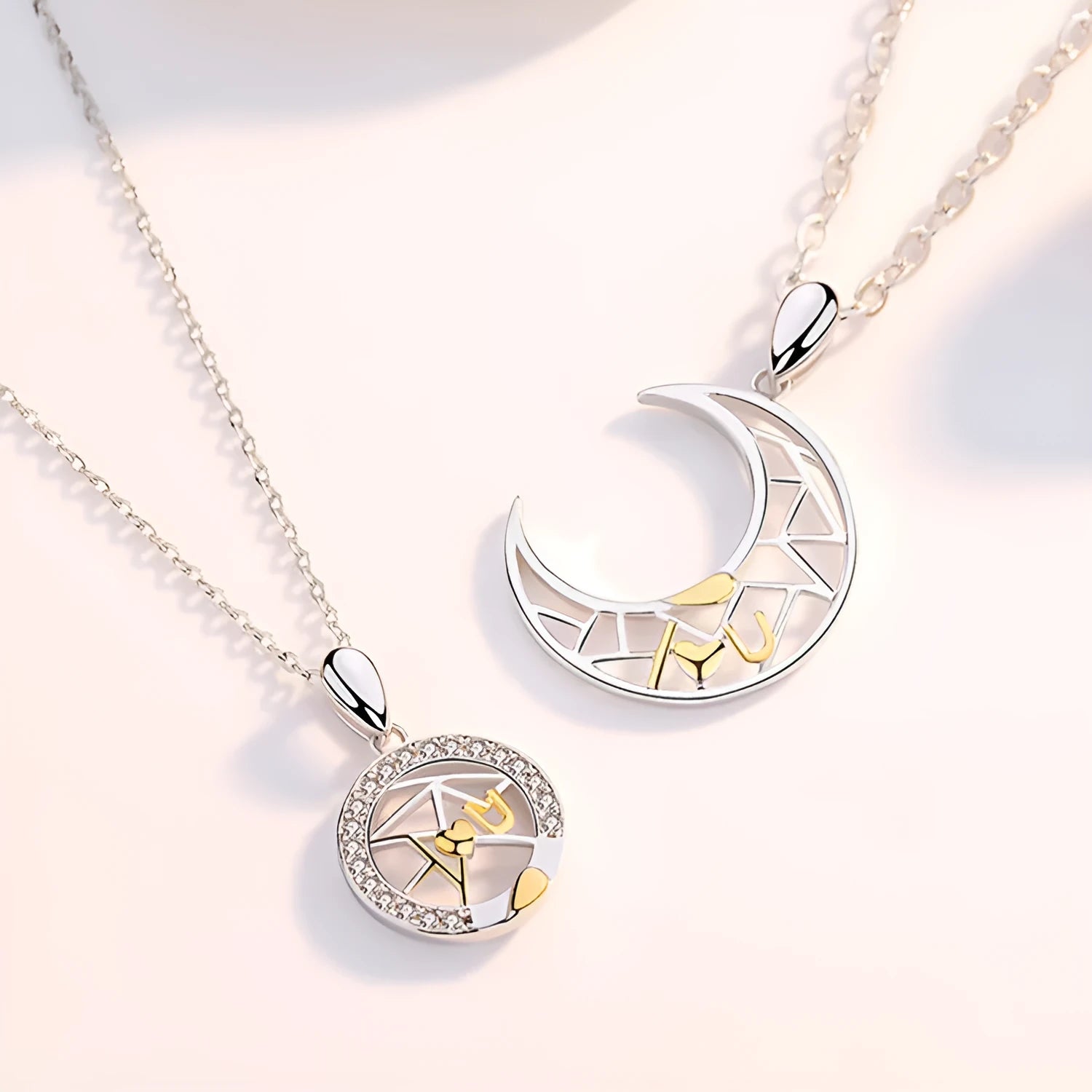 Sun moon couple necklace with copper pendants, electroplated finish and cross chain for men and women