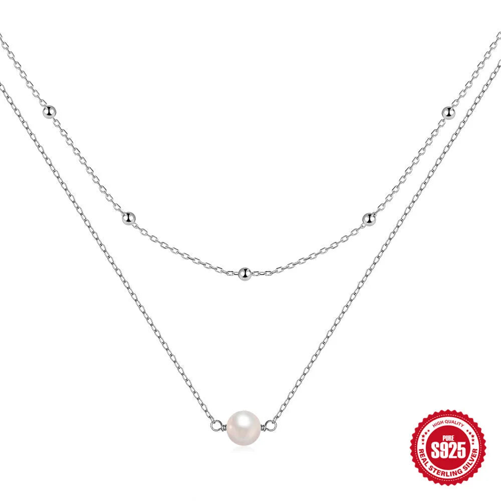 S925 sterling silver double layer necklace with twin pearls and geometric pendant in gold plating