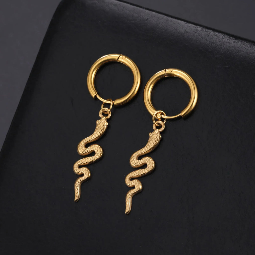 Gold plated stainless steel snake-shaped vintage clip-on earrings with Zodiac animal modelling