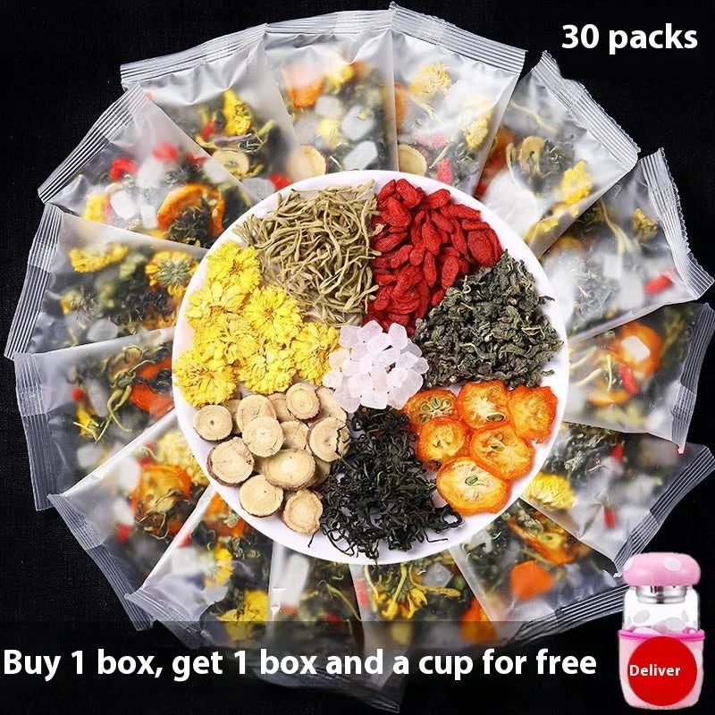 Box of honeysuckle chrysanthemum tea showing 150g net content and pack size options