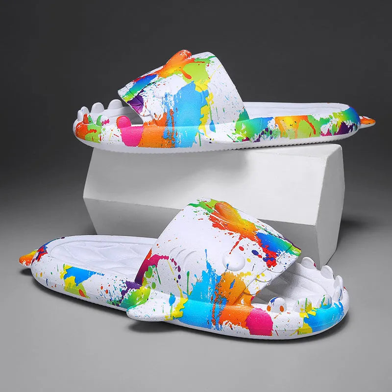 Open-toe shark design couple slippers in EVA material on a white background.