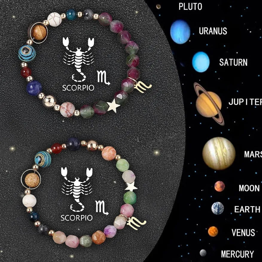 Two natural stone beaded bracelets showcasing zodiac sign designs on a selection card.