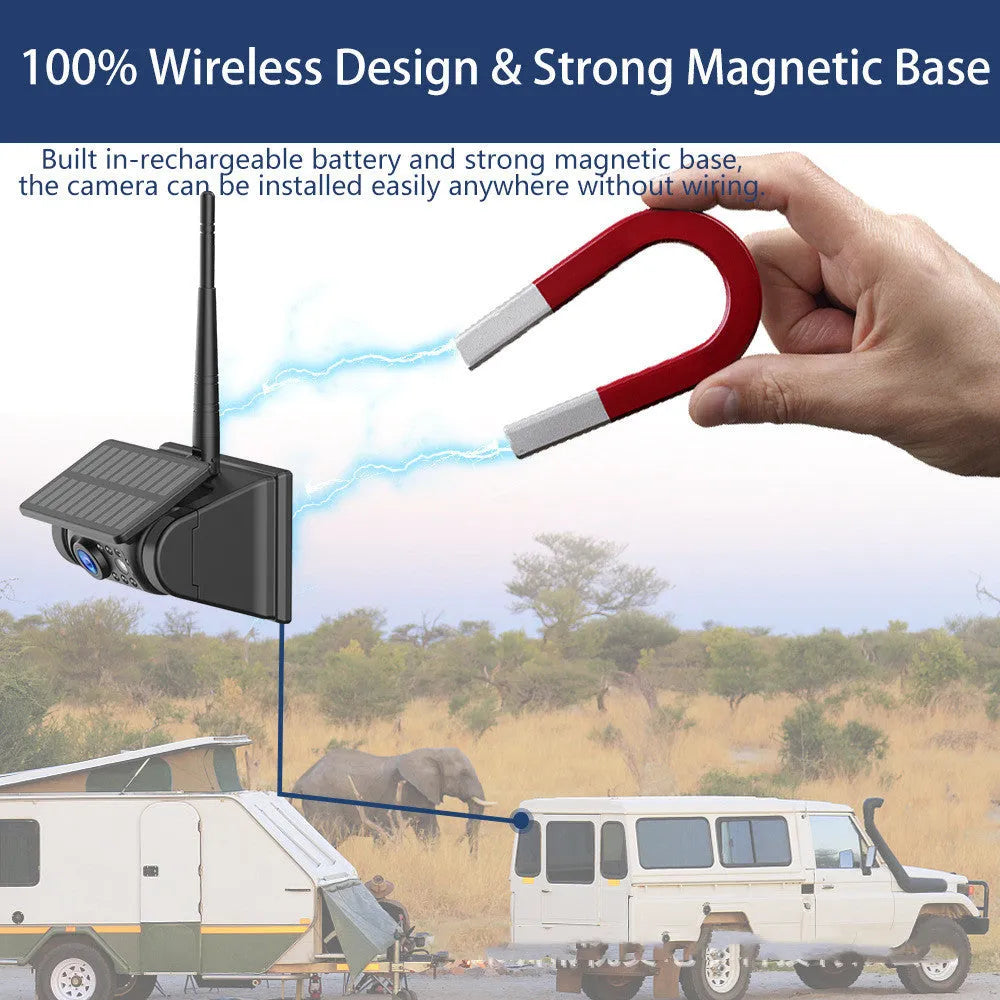 Solar wireless charging vehicle reversing camera with aluminium alloy shell and magnet on black mount.