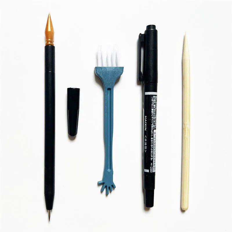 Scratch painting tool kit with scraper pen, repair solution, brush, and bamboo stick for artwork detailing