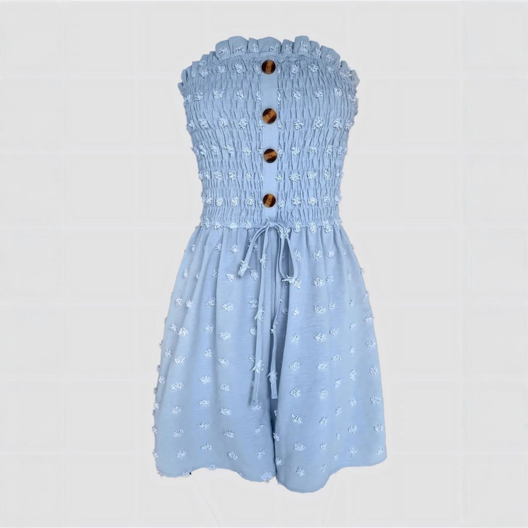 Women's blue off-the-shoulder jumpsuit with sleeveless design and button details