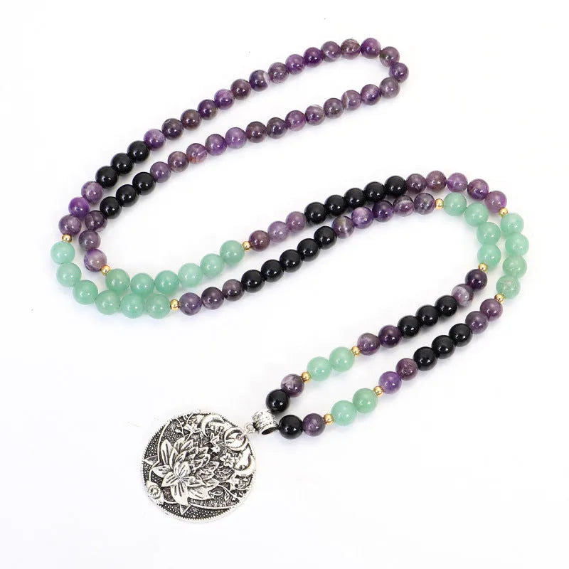 Handmade yoga lotus pendant necklace and bracelet set with stone beads and geometric alloy pendant
