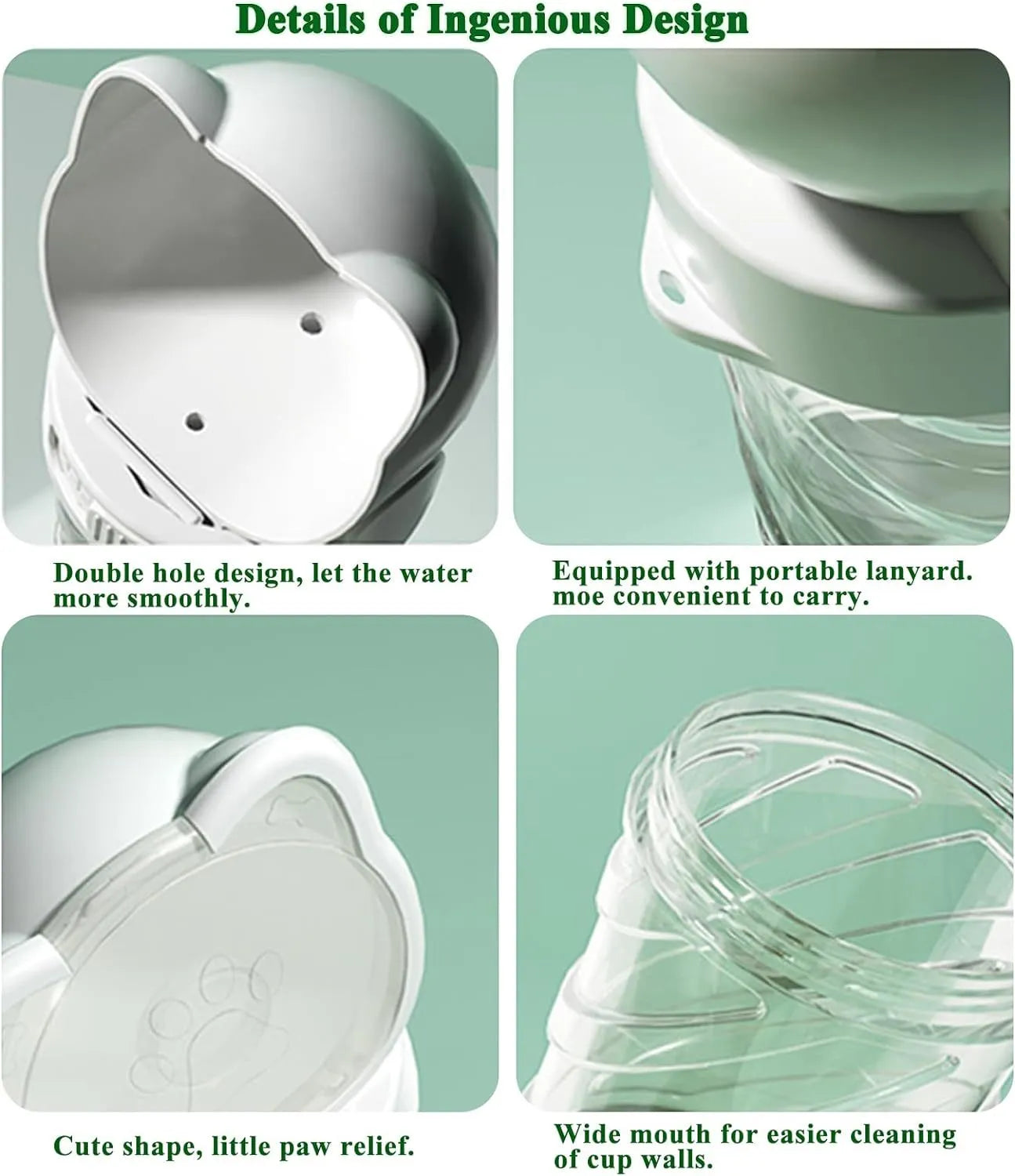 Green pink white portable pet water bottle with food container and waste bag dispenser