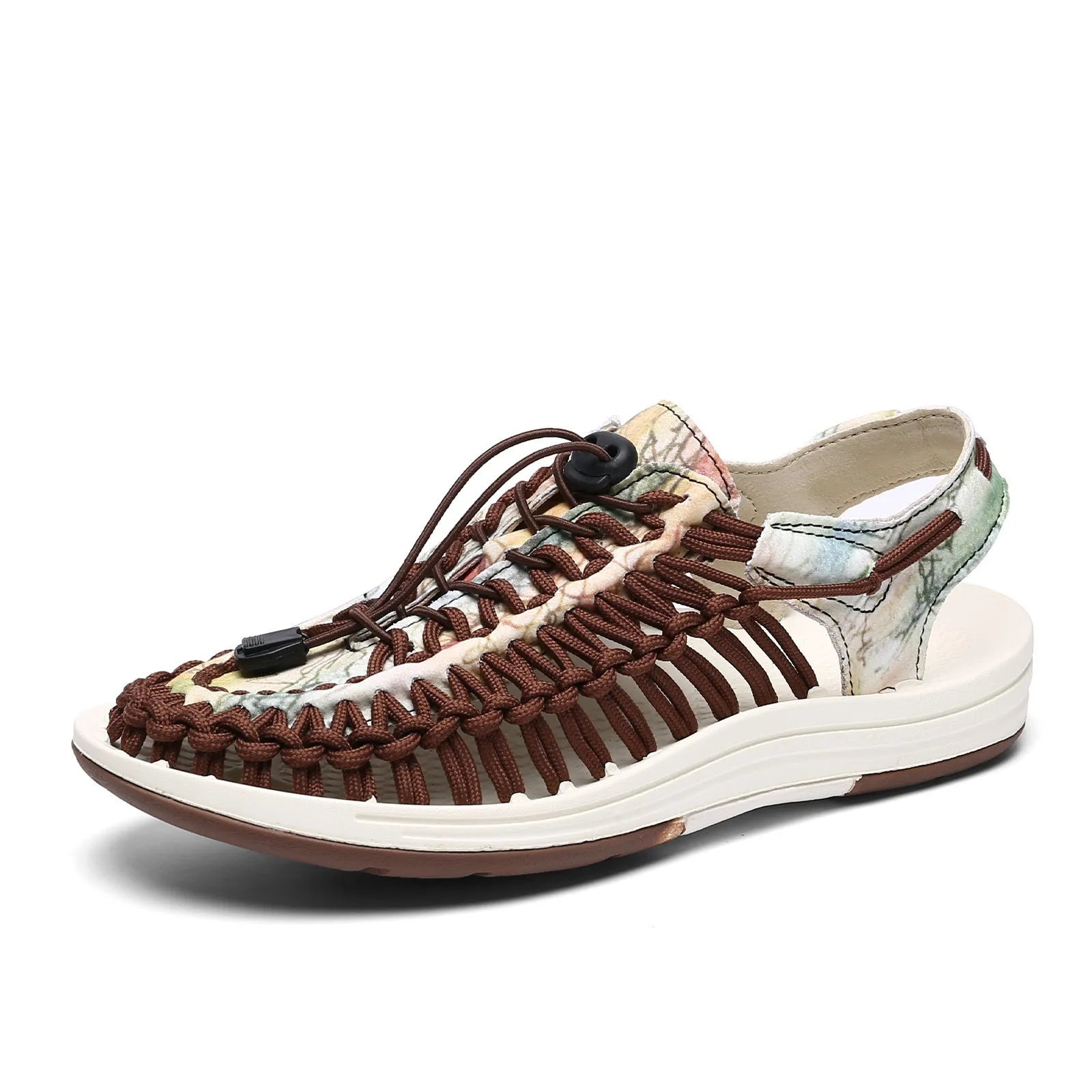 Woven drawstring tie Roman sandals in rainbow colour with elastic closure and rubber sole