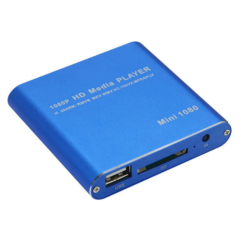 Compact black 1080P Full HD media player with ports for HDMI, USB, SD card, and power.