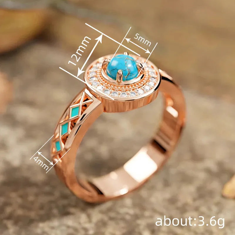Women's turquoise ethnic ring with geometric zircon designs in rose gold colour