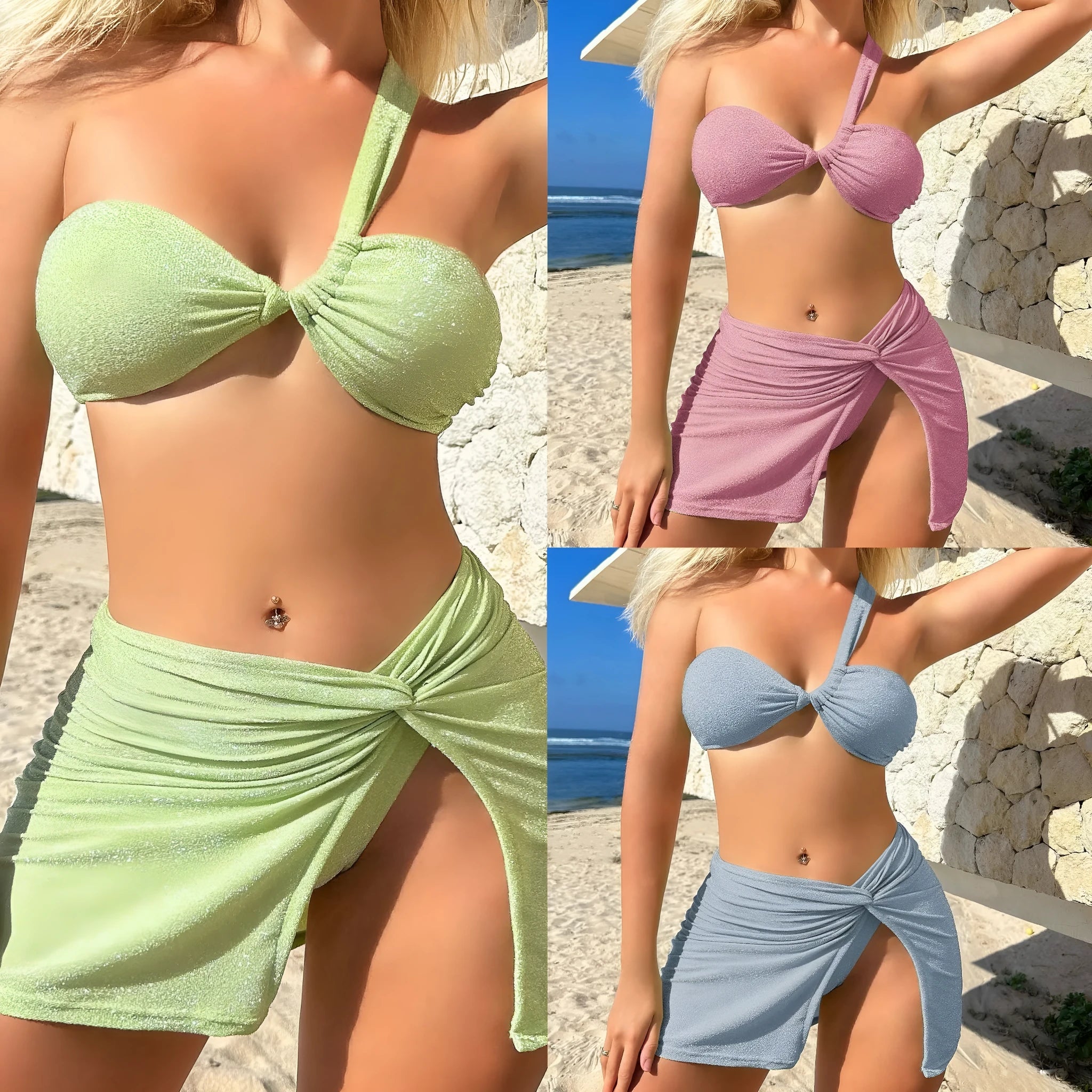 Women's light green one-shoulder tube top swimsuit with matching pants and skirt.