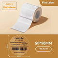 Roll of transparent waterproof adhesive labels showing rectangular and round sizes on thermal synthetic paper.