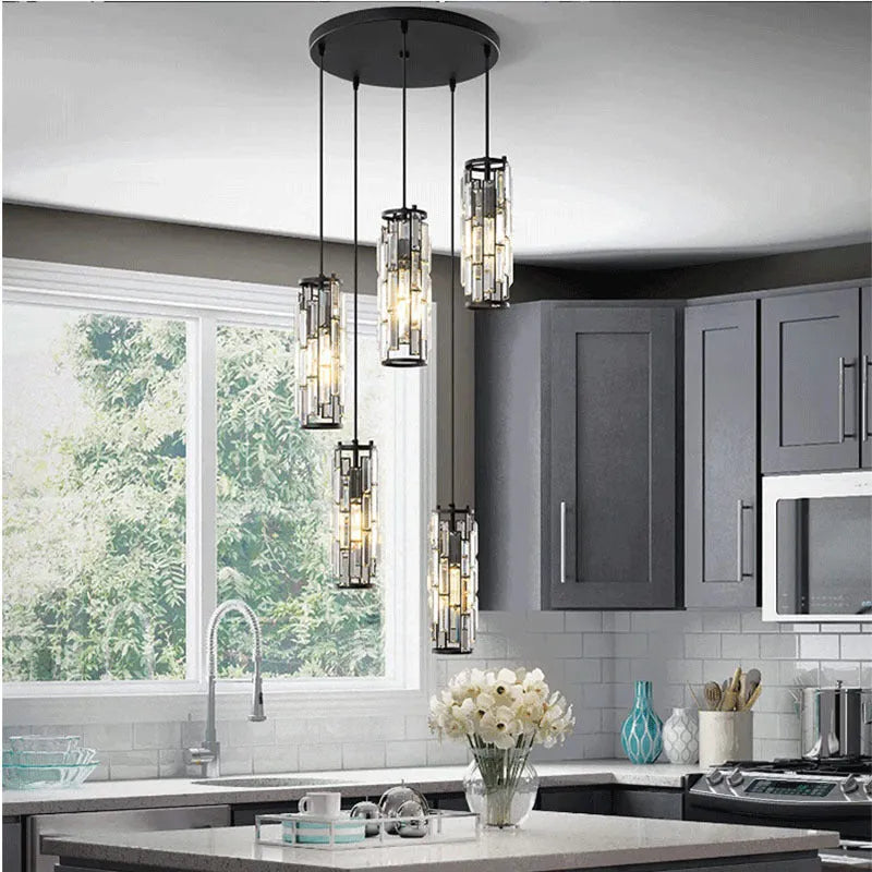 Single head industrial style crystal LED droplight pendant light in black finish.