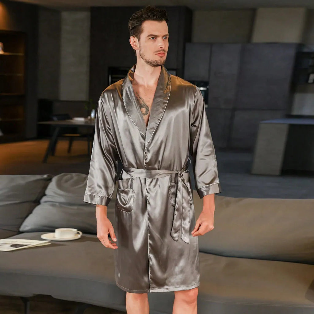 Men's rayon silk bathrobe nightgown with Asian continental sizing in multiple colour options