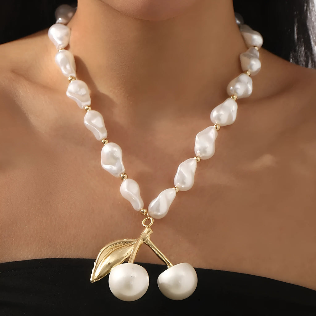 Women's adjustable pearl cherry fruit necklace with gold electroplated alloy pendant and geometric design