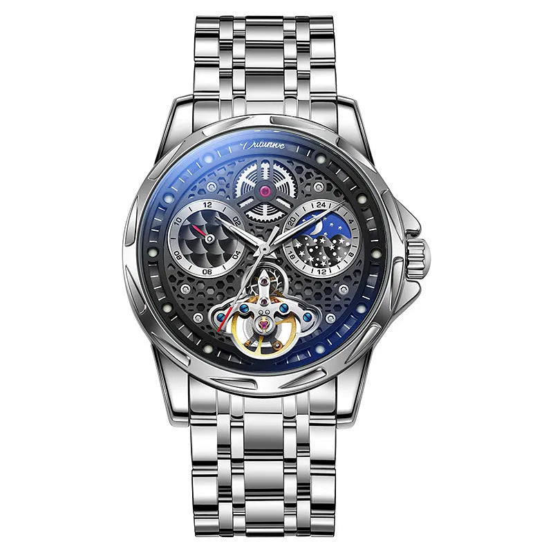 Men's black and silver automatic business watch with luminous hands on steel bracelet