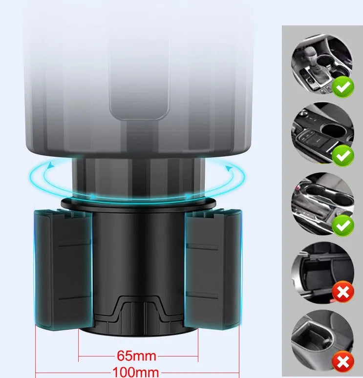 Matte black adjustable car cup holder expander for large bottles and travel mugs.