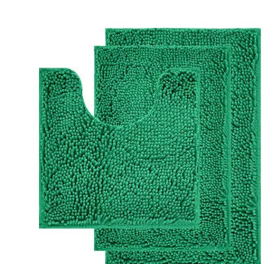 Chenille bathroom carpet three-piece set showing U-shaped toilet mat and two rectangular rugs in green.