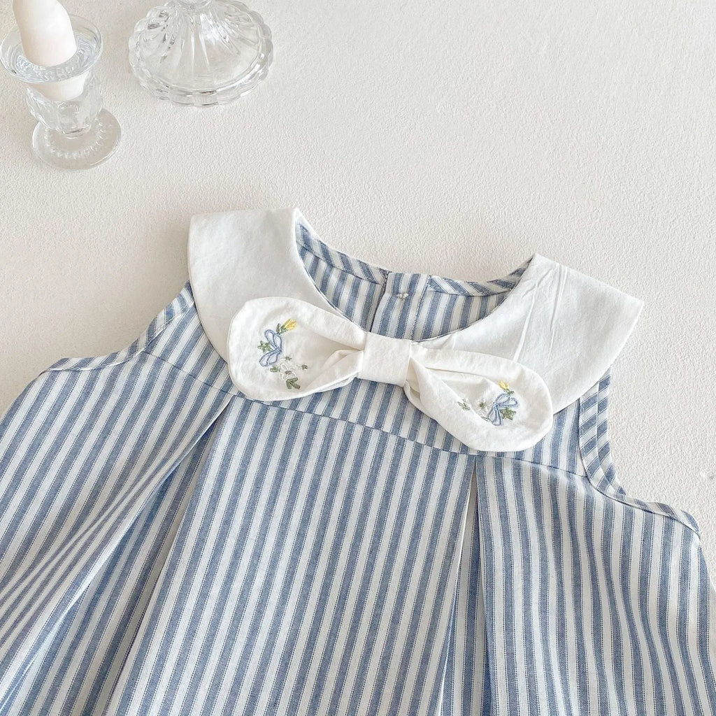 Soft fog blue cotton vest dress with bowknot embroidery for baby girls aged 73-120cm