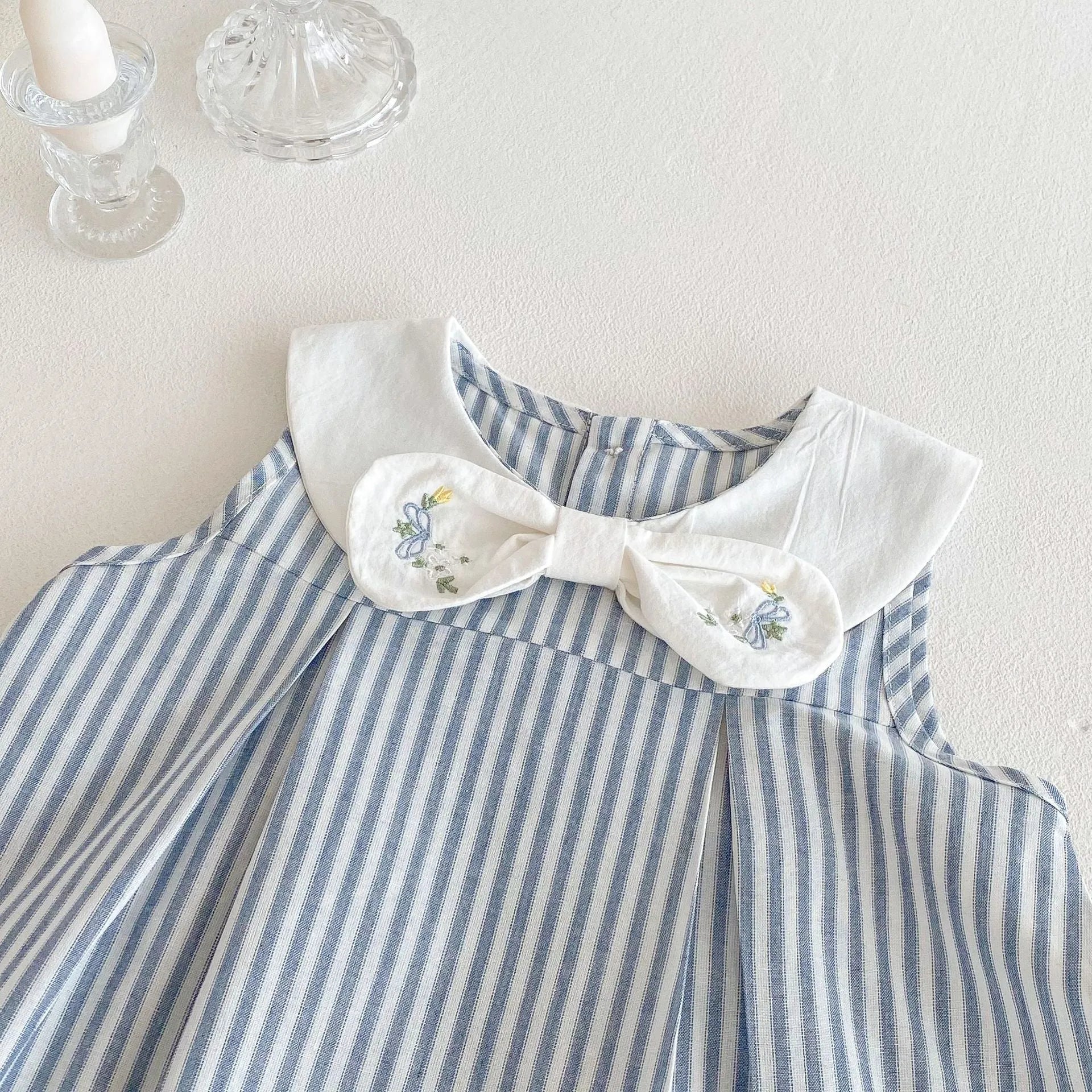 Soft fog blue cotton vest dress with bowknot embroidery for baby girls aged 73-120cm