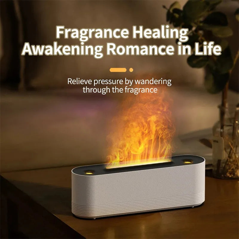 Black ultrasonic humidifier with colourful LED flame lighting and water mist output
