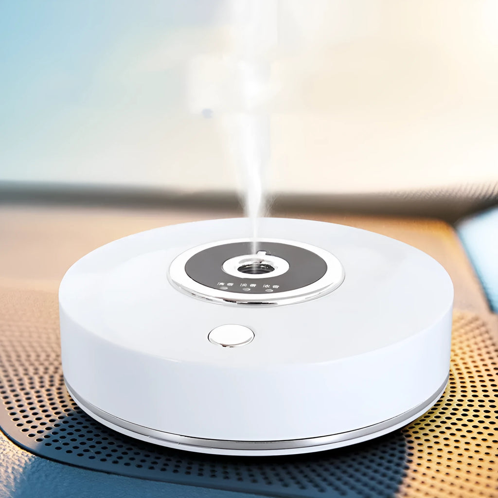 USB-powered plastic car air freshener holder in black, grey, or white colour with charging cable.